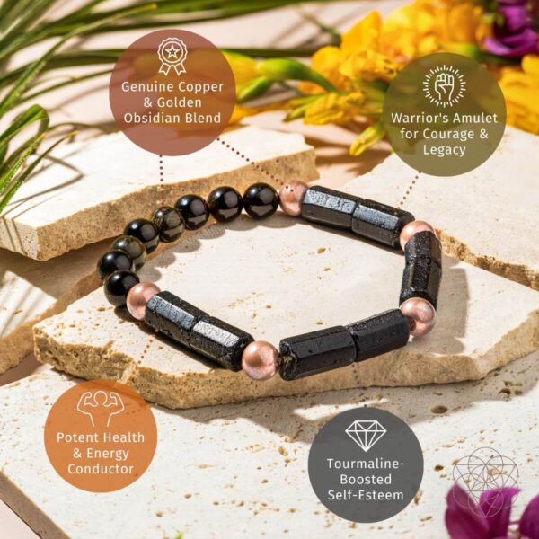 Genuine Copper, Golden Obsidian & Black Tourmaline Bracelet for Healing & Power - Image 2